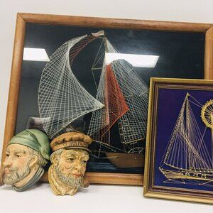 Vintage Nautical Decor Lot Sailboat String Art Shadowbox Lefton Head Plaques